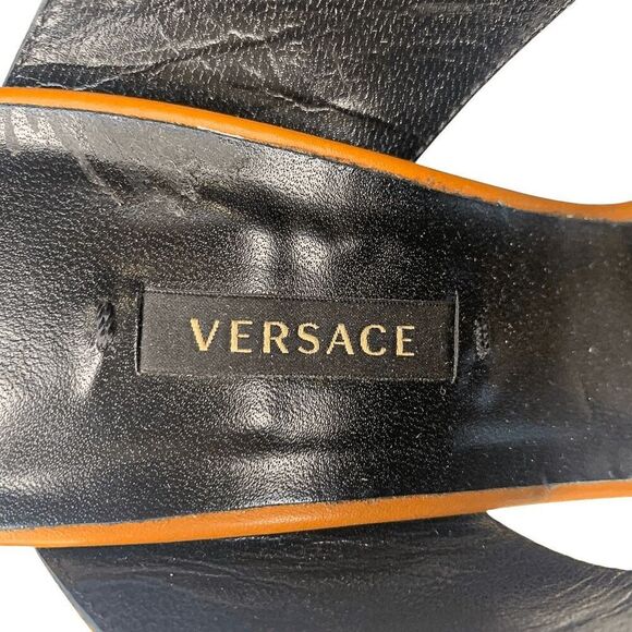 Versace Virtus Brown Leather Mules Heels Gold V Logo EU 39.5 Made in Italy - Picture 12 of 12